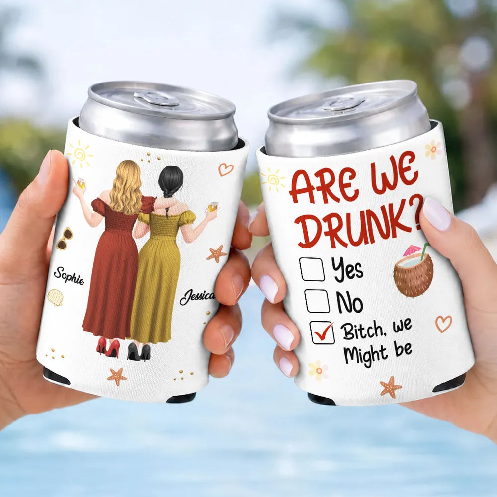 Personalized Can Cooler, Arm In Arm Friends With Drinks, Beach Party Style Unique Gift