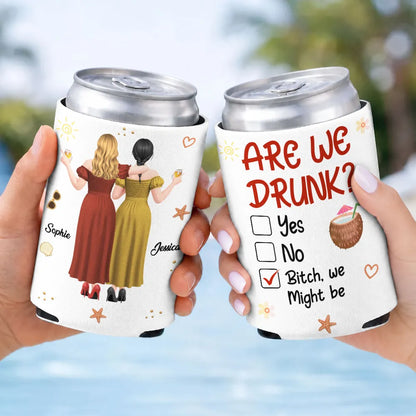 Personalized Can Cooler, Arm In Arm Friends With Drinks, Beach Party Style Unique Gift