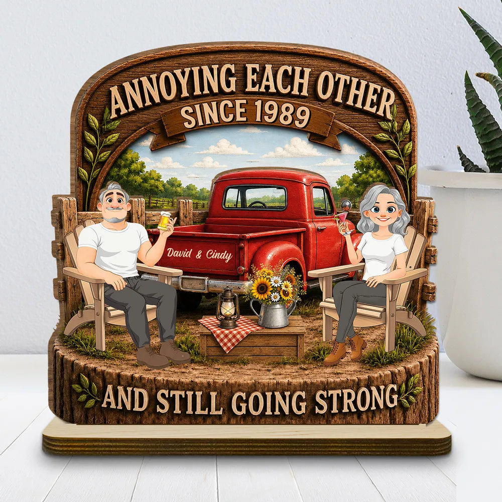 Personalized 2-Layer Wooden Plaque With Rustic Couple & Red Truck, Unique Gift For Couple