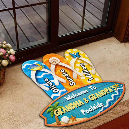 Shaped Doormat, Personalized Flip Flop Family Poolside Welcome, Unique Gift for Grandma & Grandpa