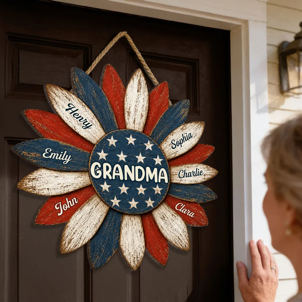 Personalized Grandma Wooden Sign, Patriotic Sunflower Porch Decor, Unique Creative Gift for Grandma