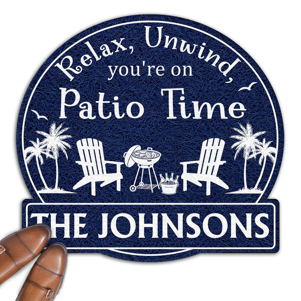 Personalized Shaped Doormat, Patio Time Design With Chairs & Palms, Unique Gift for Family