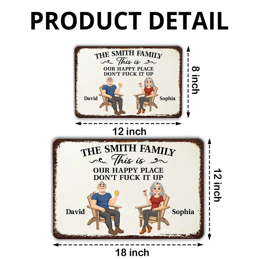 Personalized Rectangular Iron Sign, Seated Couple Happy Place Decor, Unique Gift for Family