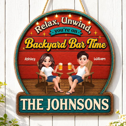 Personalized Wooden Sign with Relax & Unwind Backyard Bar Design, Creative Gift for Couple