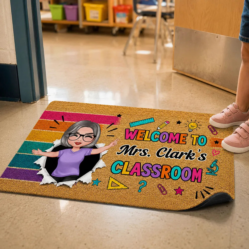 Personalized Doormat With Waving Teacher Illustration, Colorful Classroom Decor, Unique Gift For Teacher