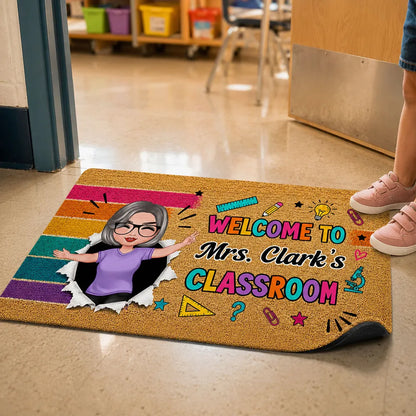 Personalized Doormat With Waving Teacher Illustration, Colorful Classroom Decor, Unique Gift For Teacher
