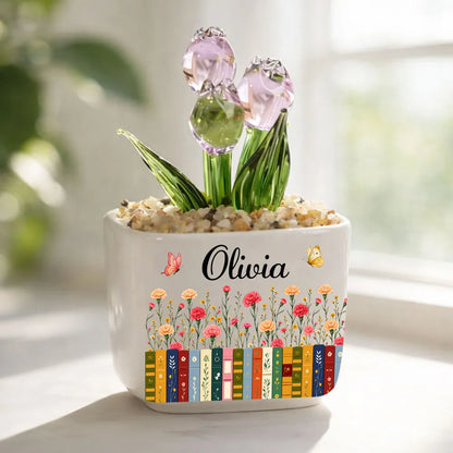 Personalized Square Glass Planter with Purple Tulips & Book Garden, Unique Creative Gift for Book Lover