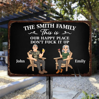 Personalized Rectangular Iron Sign, Seated Couple Happy Place Decor, Unique Gift for Family