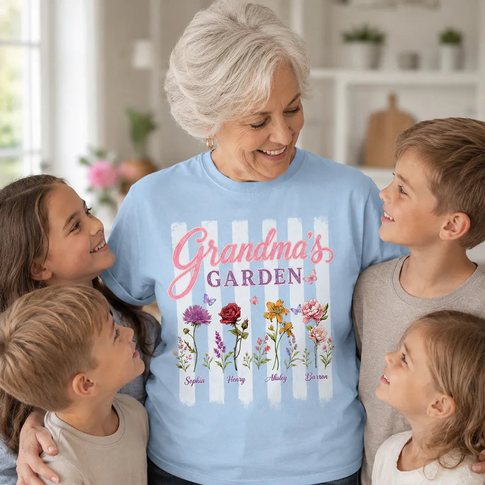 Personalized Grandma's Garden Classic Tee, Floral Stripe Unique Gift for Grandma