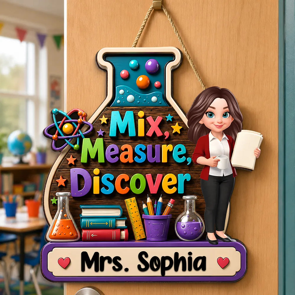 Personalized Wooden Sign With Standing Teacher Illustration, Colorful Classroom Theme, Unique Creative Gift for Teacher