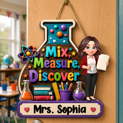 Personalized Wooden Sign With Standing Teacher Illustration, Colorful Classroom Theme, Unique Creative Gift for Teacher