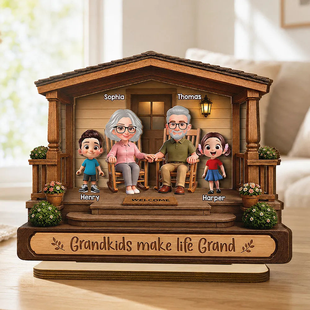 Personalized 2-Layer Wooden Plaque, Warm Cartoon Grandparents & Grandkids Porch Scene, Unique Gift for Grandparents