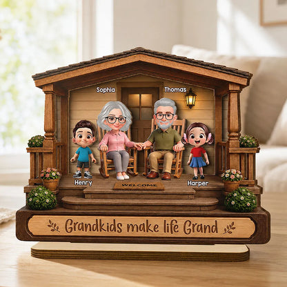 Personalized 2-Layer Wooden Plaque, Warm Cartoon Grandparents & Grandkids Porch Scene, Unique Gift for Grandparents