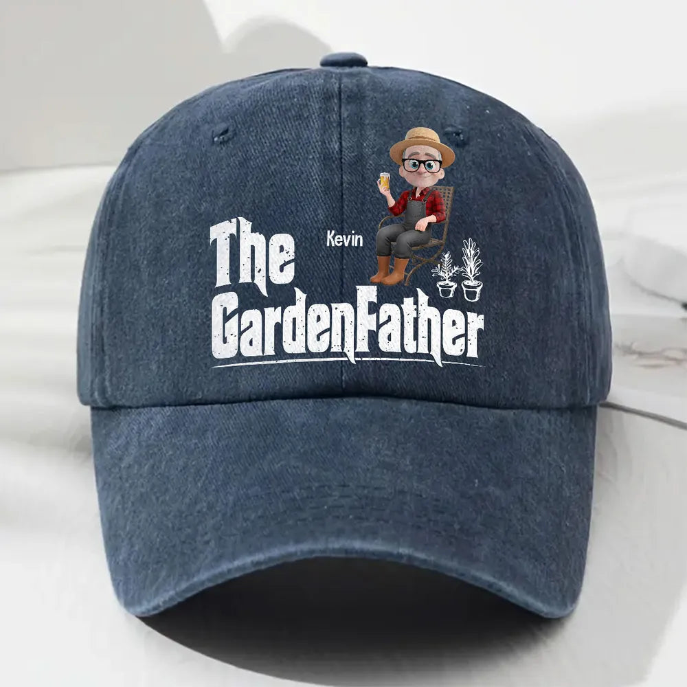 Personalized Washed Denim Baseball Cap, The GardenFather Cartoon, Unique Gift for Gardener Dad