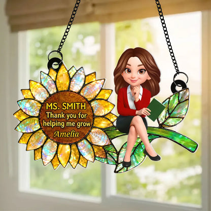 Personalized Acrylic Suncatcher Ornament for Teacher, Unique Sunflower Gift with Cartoon Teacher Holding a Book