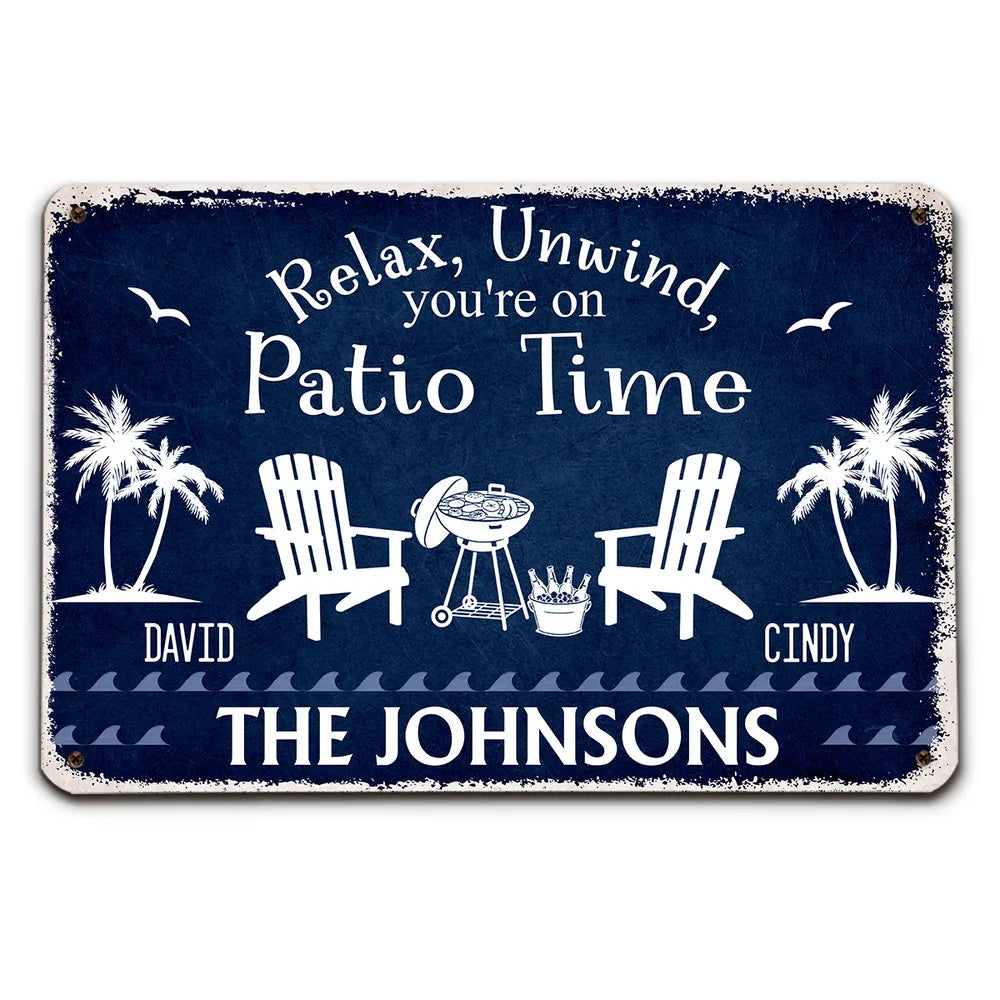 Personalized Rectangular Iron Sign for Patio Time, Navy Backyard Decor, Unique Gift for Family