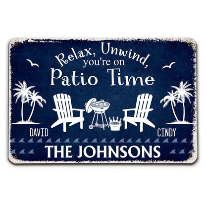 Personalized Rectangular Iron Sign for Patio Time, Navy Backyard Decor, Unique Gift for Family