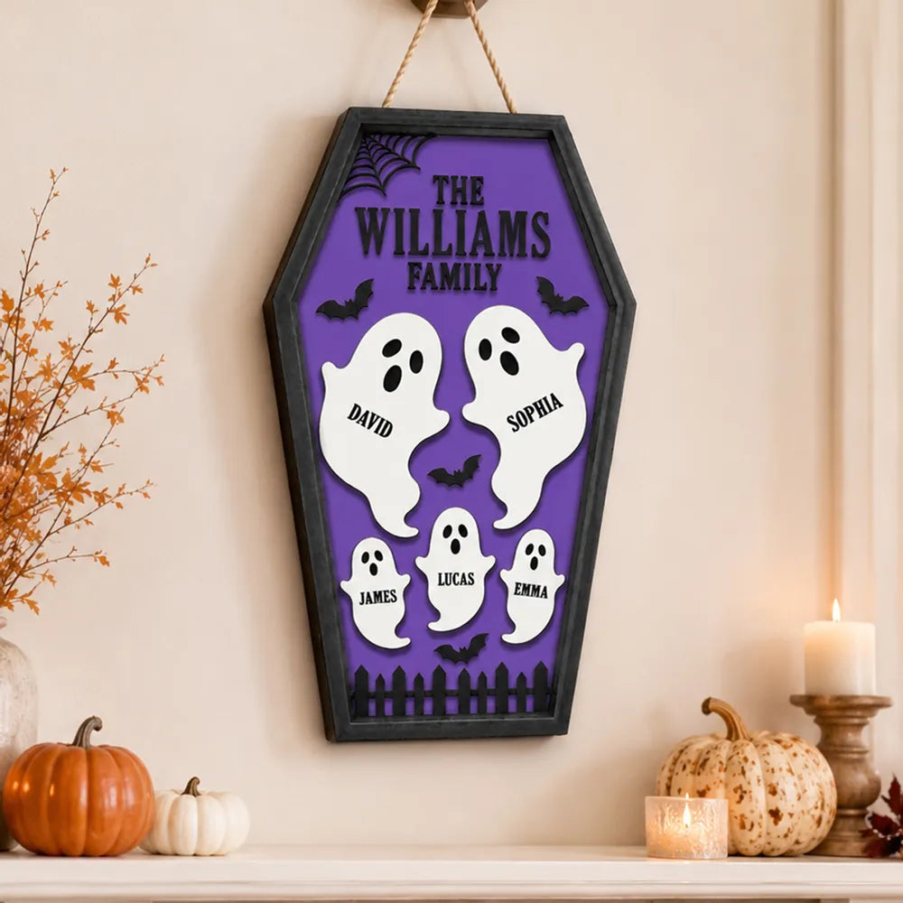 Personalized Ghost Family Wooden Sign, Purple Coffin Halloween Decor, Unique Gift for Family