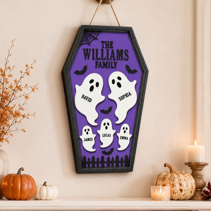 Personalized Ghost Family Wooden Sign, Purple Coffin Halloween Decor, Unique Gift for Family