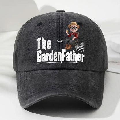 Personalized Washed Denim Baseball Cap, The GardenFather Cartoon, Unique Gift for Gardener Dad