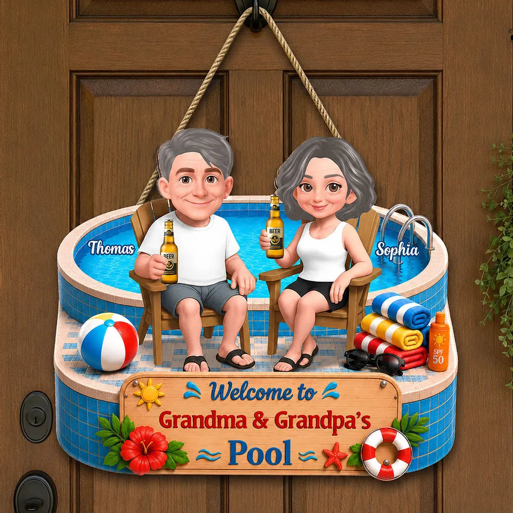 Personalized Wooden Sign, Cartoon Grandparents by the Pool, Unique Creative Gift for Grandma & Grandpa