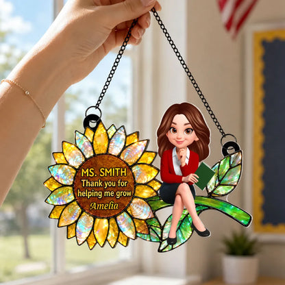 Personalized Acrylic Suncatcher Ornament for Teacher, Unique Sunflower Gift with Cartoon Teacher Holding a Book