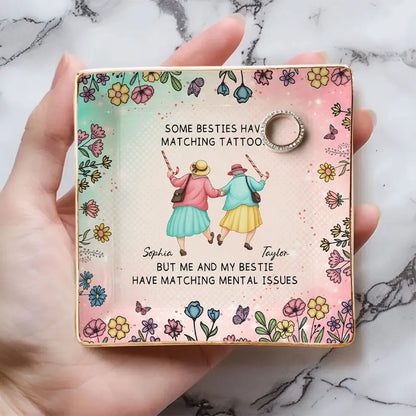 Personalized Jewelry Dish with Walking Friends Illustration, Funny Floral Decor, Creative Gift for Friend