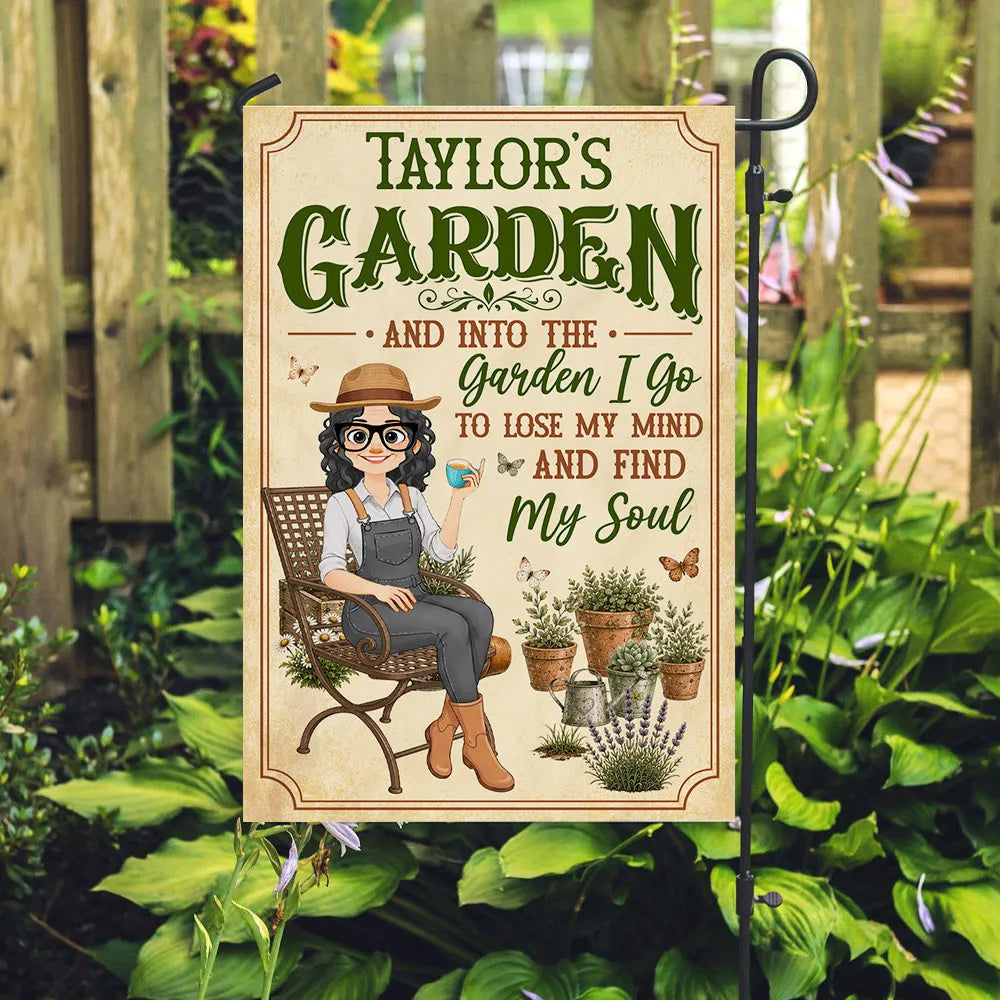 Personalized Garden Flag With Sitting Gardener, Plants & Butterflies, Unique Gift For Plant Lovers