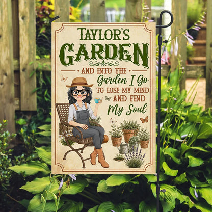 Personalized Garden Flag With Sitting Gardener, Plants & Butterflies, Unique Gift For Plant Lovers