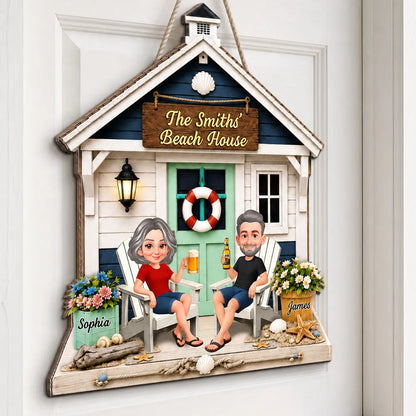 Personalized Wooden Sign with Sitting Beach House Couple, Coastal Decor, Unique Gift for Couples