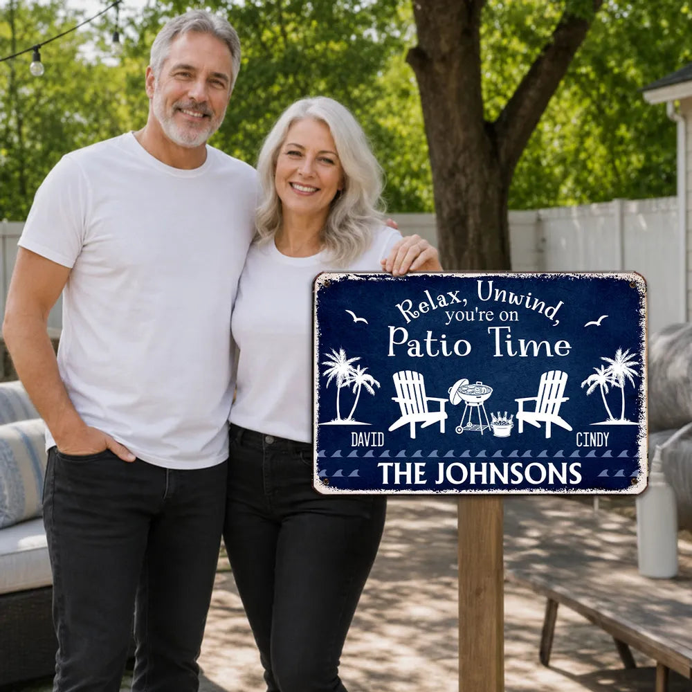 Personalized Rectangular Iron Sign for Patio Time, Navy Backyard Decor, Unique Gift for Family