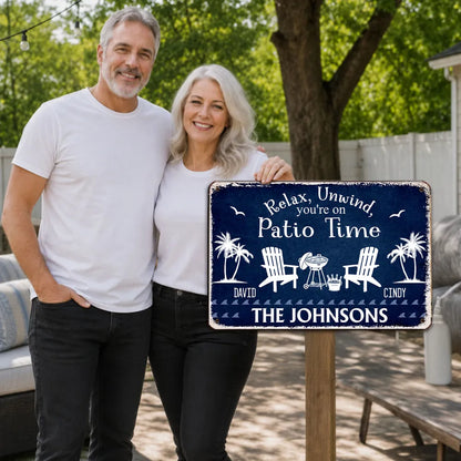 Personalized Rectangular Iron Sign for Patio Time, Navy Backyard Decor, Unique Gift for Family
