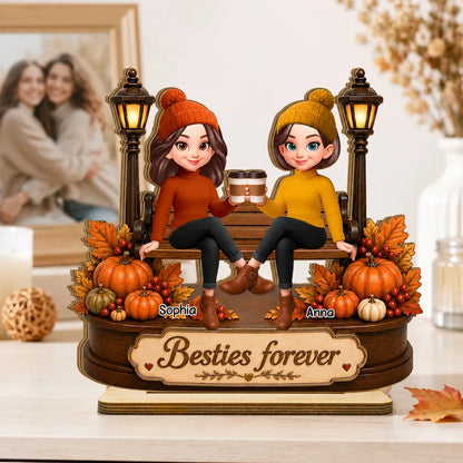 Personalized 2-Layer Wooden Plaque, Besties Forever Fall Scene, Unique Gift for Bestie