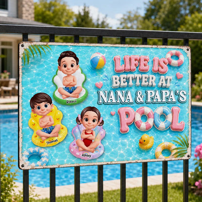 Personalized Rectangular Iron Sign, Kids on Pool Floats, Unique Gift for Nana & Papa's Pool