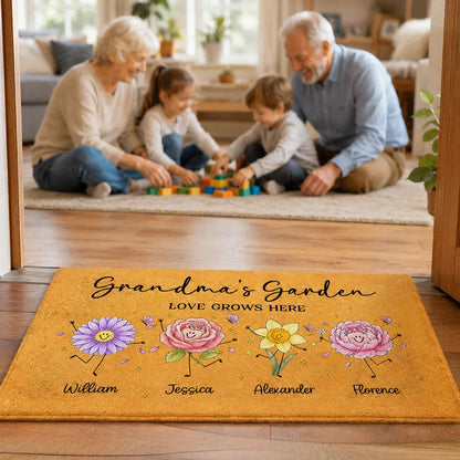 Personalized Grandma's Garden Standard Doormat, Cute Flower Family Entryway Unique Gift