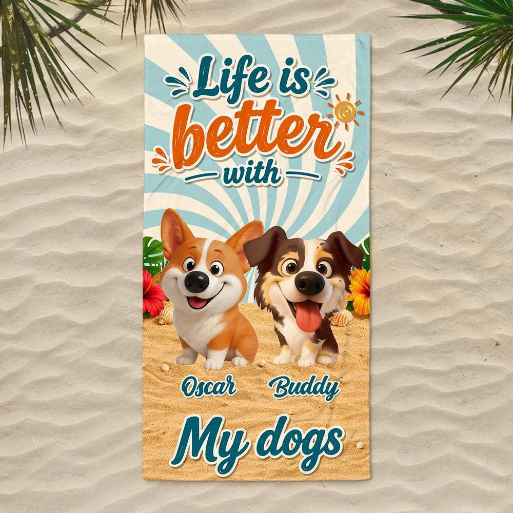 Personalized Beach Towel With Smiling Cartoon Dog, Sunny Beach Style Unique Gift for Dog Lover