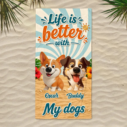 Personalized Beach Towel With Smiling Cartoon Dog, Sunny Beach Style Unique Gift for Dog Lover