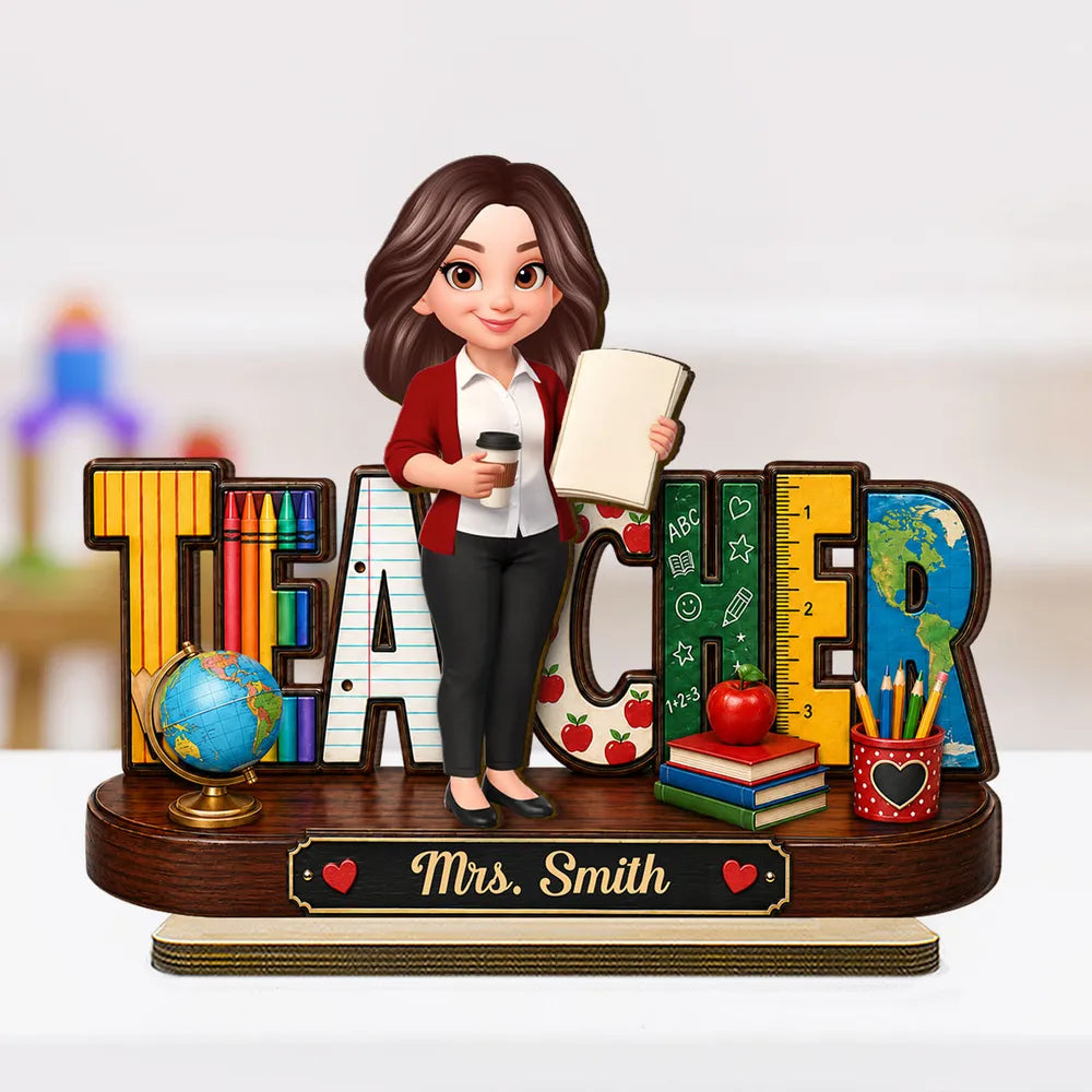Personalized 2-Layer Wooden Plaque, Standing Cartoon Teacher with School Supplies, Unique Gift for Teacher