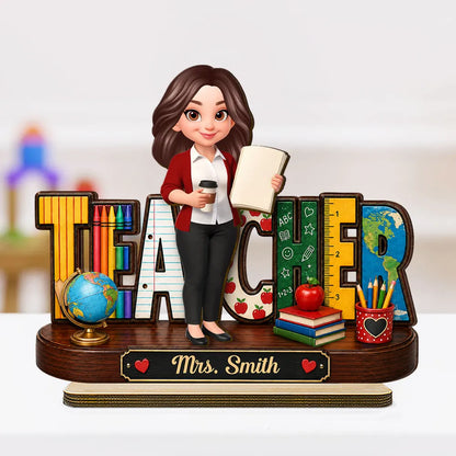 Personalized 2-Layer Wooden Plaque, Standing Cartoon Teacher with School Supplies, Unique Gift for Teacher