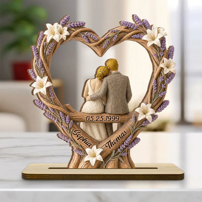 Personalized 2-Layer Wooden Plaque, Floral Heart Sitting Couple, Unique Creative Gift for Couples