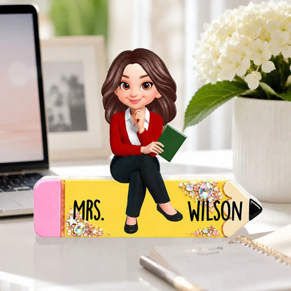Personalized Shaped Acrylic Block Plaque, Teacher Sitting On Pencil, Unique Gift For Teacher Desk Decor