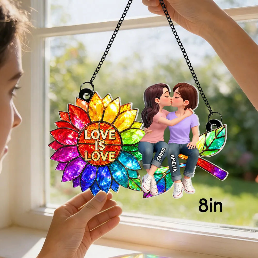 Personalized Acrylic Suncatcher Ornament, Love is Love Rainbow Sunflower with Kissing Couple, Unique LGBTQ Gift
