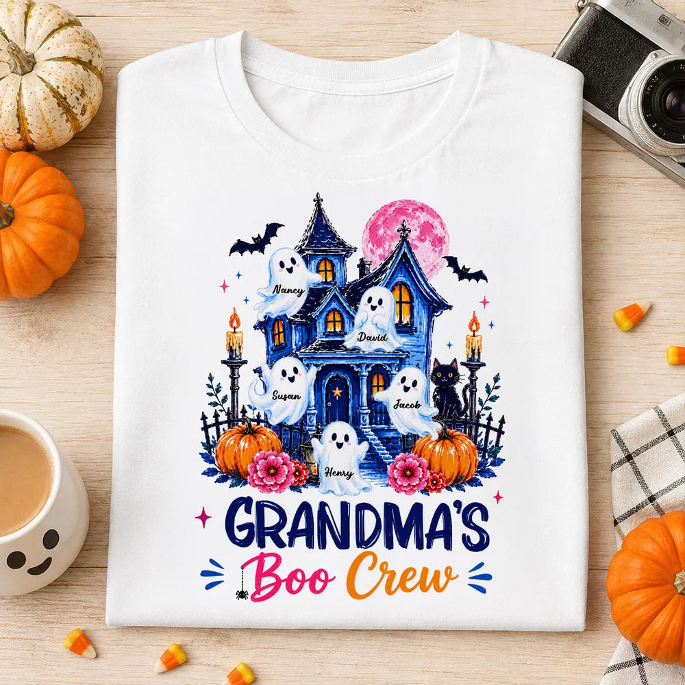 Personalized Classic Tee for Grandma, Watercolor Haunted House Boo Crew, Unique Halloween Gift