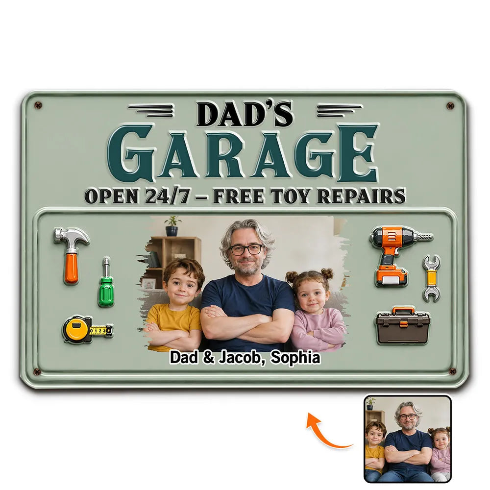 Personalized Rectangular Iron Sign, Arms-Crossed Dad & Kids Garage Photo, Creative Gift for Dad