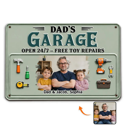Personalized Rectangular Iron Sign, Arms-Crossed Dad & Kids Garage Photo, Creative Gift for Dad