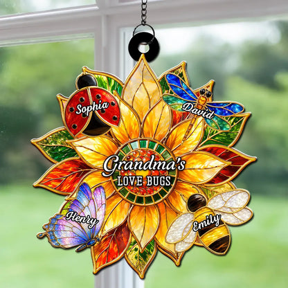 Personalized Acrylic Suncatcher Ornament, Sunflower Love Bugs Window Decor, Unique Gift for Grandma