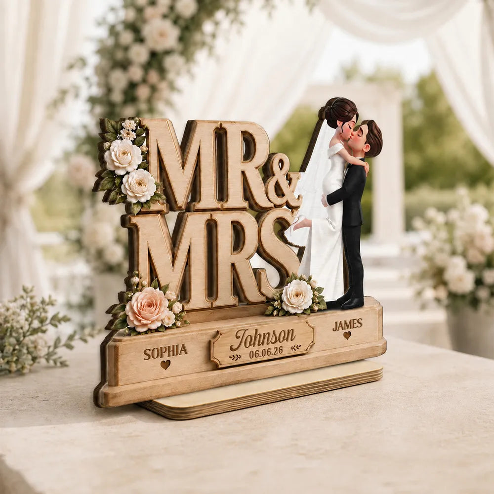 Personalized Wooden Plaque With Mr & Mrs Wedding Design, Kissing Couple, Unique Creative Gift