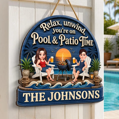 Personalized Wooden Sign, Couple Relaxing by Pool & Patio, Unique Gift for Outdoor Decor