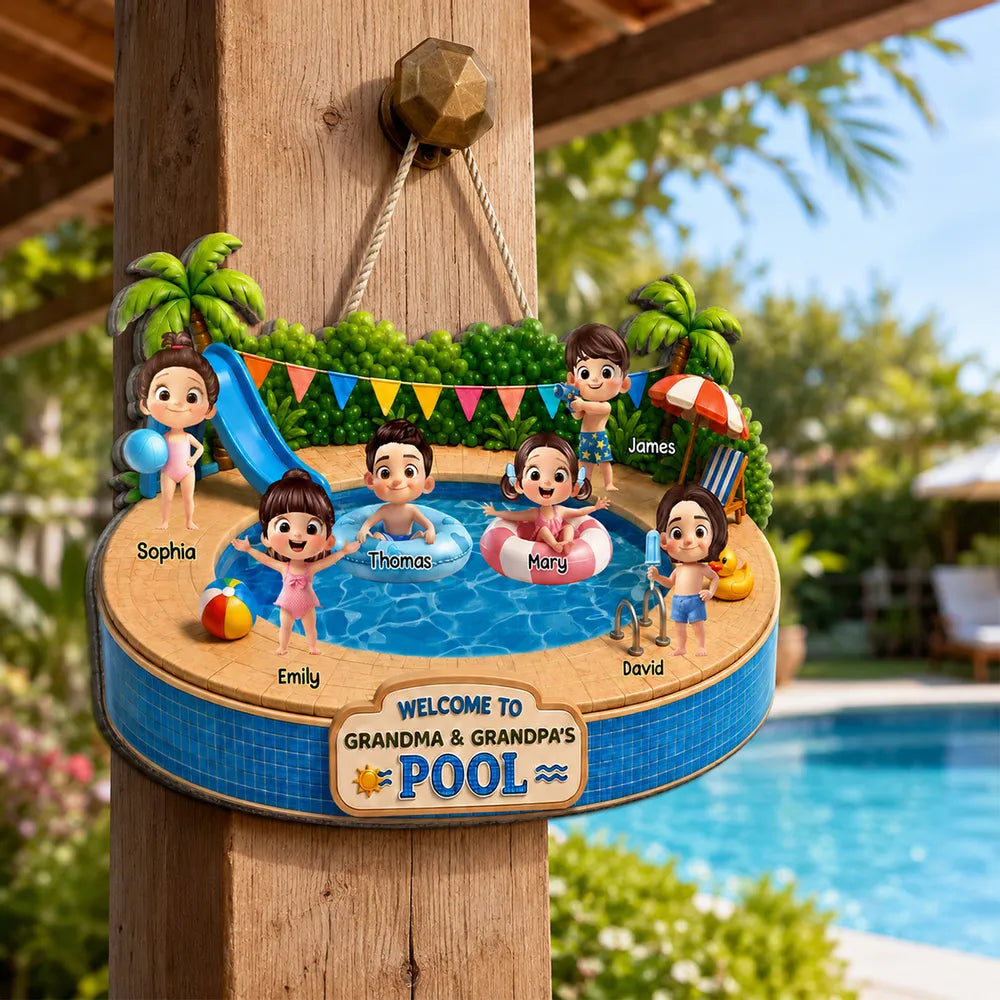 Personalized Wooden Sign with Kids Playing at Pool, Unique Gift for Grandparents, Tropical Door Decor
