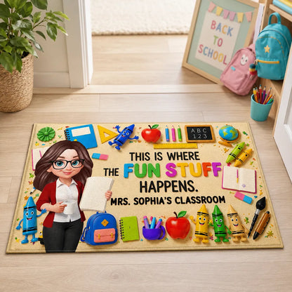 Personalized Standard Doormat With Standing Cartoon Teacher & School Supplies, Unique Teacher Gift